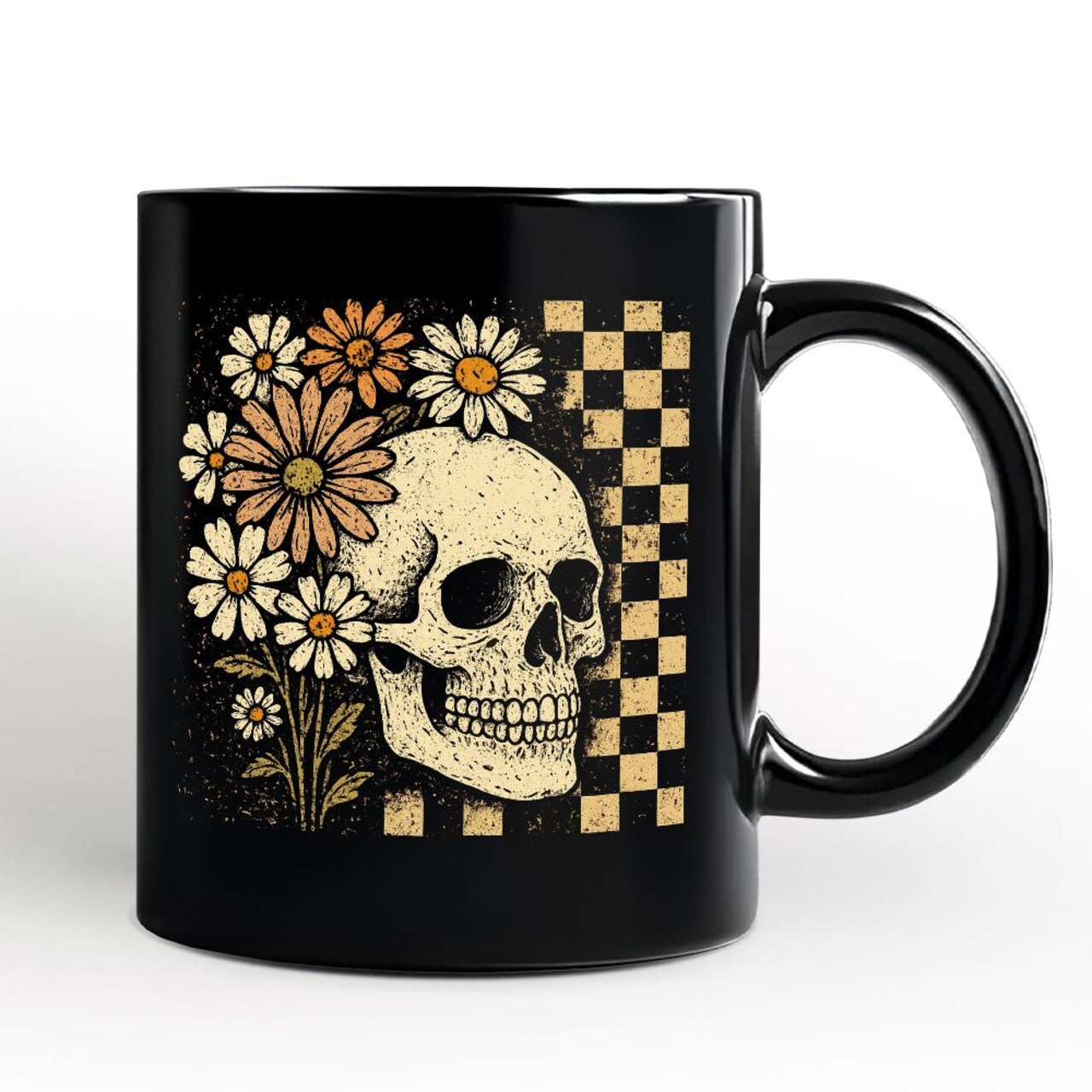 Checkered Floral Skeleton Mug, Vintage Skull Daisy Halloween Gift